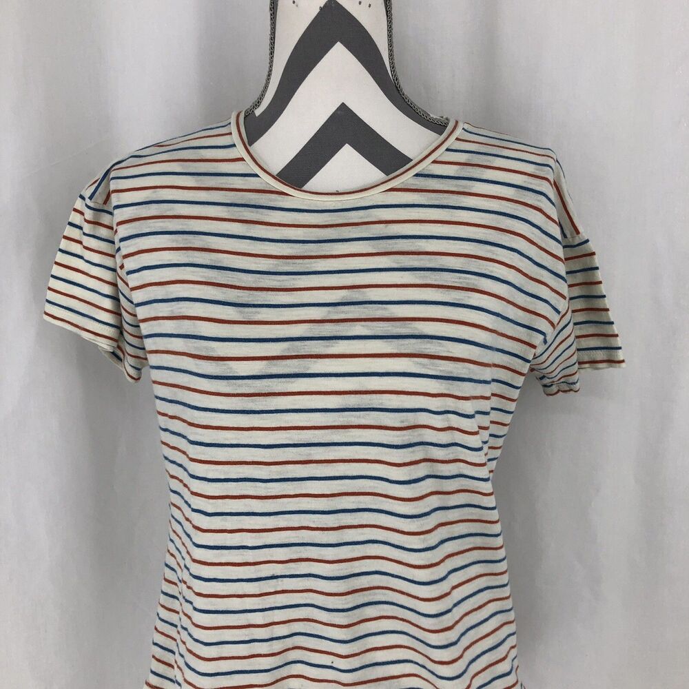 Madewell Whisper Cotton Crewneck Tee Shirt in Brion Red White Blue Stripe Medium